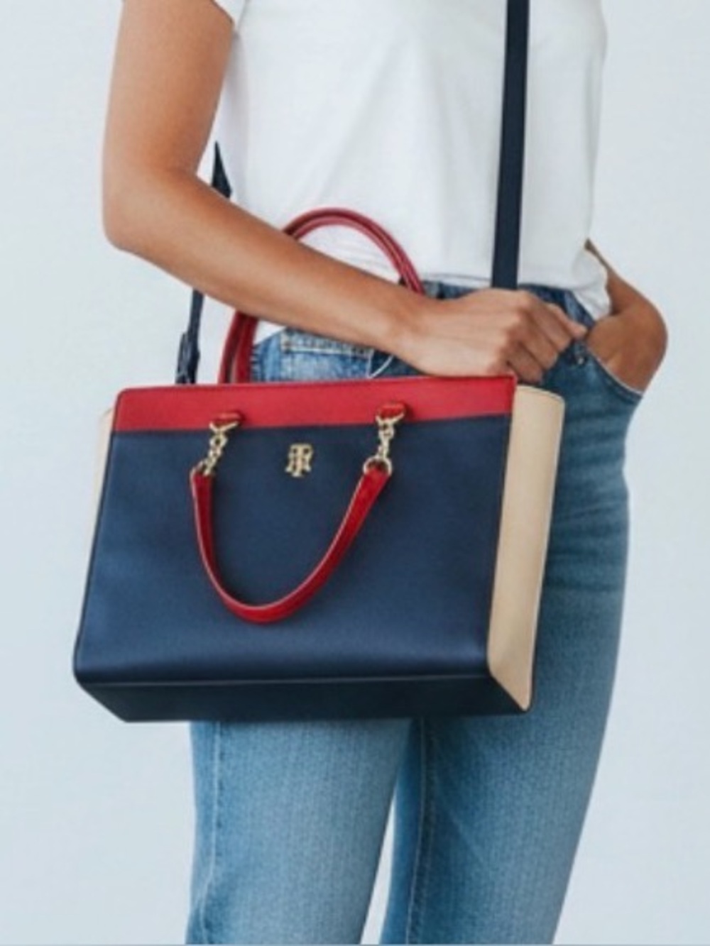 Tommy Hilfiger Color Block Tote Bag Purse Handbag Blue/Red/Cream Gold Hardware